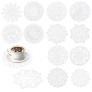 Imagem de 12 peças de toalhas de renda para mesas de 15 cm de crochê, redondo, feito à mão, jogo americano de tecido, porta-copos de tecido, decoração de mesa rústica para cozinha, jantar, casamento