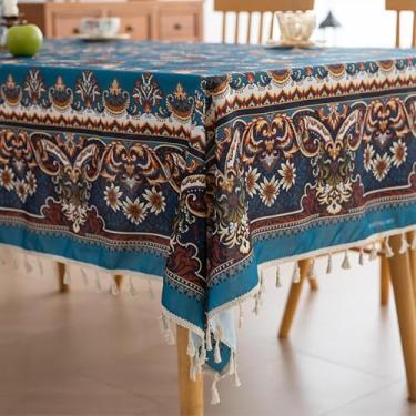 Imagem de Erbnaryx Toalha de mesa estampada à mão para mesas quadradas, bordas com franjas com toalhas de mesa de padrão retrô, toalha de mesa decorativa para cozinha, sala de jantar, 159 x 259 cm