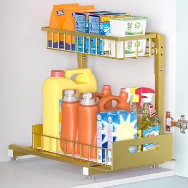 Imagem de Organizador Pro embaixo da pia: Organizador de cesta de arame removível de 2 camadas de metal premium, altura ajustável em forma de L, fácil instalação | Organizadores de armários de cozinha e
