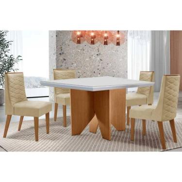 Imagem de Conjunto Sala de Jantar Nevada c/ Tampo Madeirado c/ Vidro Canto Curvo 90x90cm e 4 Cadeiras Dafne Madeira Maciça Naturale/Off White - Capuccino/Linho 
