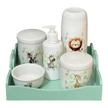 Imagem de Kit Higiene Bebê Porcelana Safari Bandeja Coração Verde Pinus Adesivo 