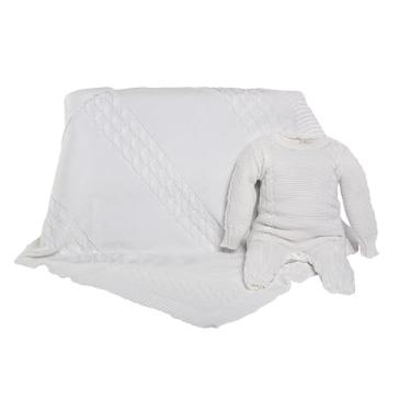 Imagem de SAIDA MATERNIDADE 2 PÇS DE TRICOT LUXO MACACÃO E MANTA MENINO E MENINA (Branca)