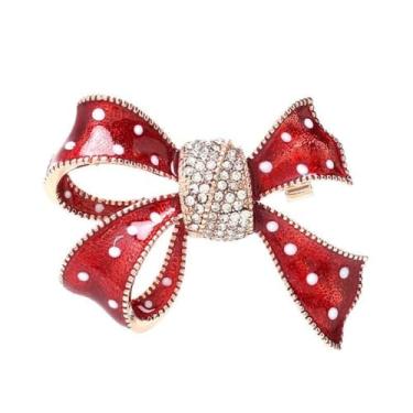 Imagem de Broche de laço de bolinhas de cristal para mulheres strass vermelho branco esmalte laço broches lapela chapéu morcego terno acessórios vestido casamento Natal feriado jóias, Medium, Metal, Sem Pedra