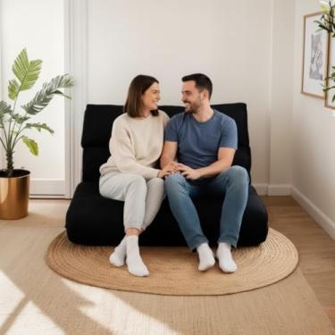 Imagem de Futon Casal Sofá Cama Dobrável 128x188cm Cor Preto, Espuma Hiper Soft, Capa Removível e Lavável em Suede, Multiuso – Confort Linens