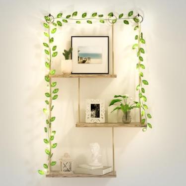 Imagem de MASHDE Prateleiras suspensas para parede, decoração de parede boho de 3 níveis, prateleira suspensa com luzes de videira, prateleiras flutuantes de madeira rústica, decoração floral de plantas para