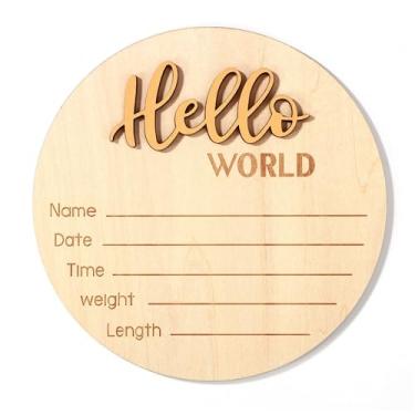 Imagem de NQEUEPN Placa de Anúncio de Recém-Nascido, Placa Madeira Hello World 15cm Placas Nascimento para Meninas Meninos Acessórios Foto Chá Bebê Hospital Quarto (Dourado)