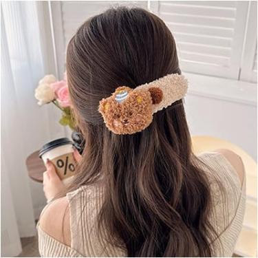 Imagem de Grampo de cabelo de urso de pelúcia moderno clipe de bico de pato grande clipes laterais fofos grampos de cabelo de urso de pelúcia colorido acessórios de cabelo de urso (marrom, 12 x 6 cm)