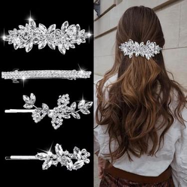 Imagem de 4 presilhas de cabelo de strass para mulheres, broches de cabelo de casamento, folhas de cristal, grampos de cabelo prateados, para noivas, damas de honra, meninas