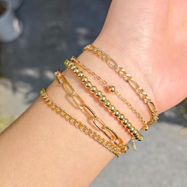 Imagem de Conjunto de 5 pulseiras douradas para mulheres, requintadas pulseiras de corrente de elos ajustáveis banhadas para mulheres, pulseira empilhável moderna para presentes de joias, One Size, Metal, Sem