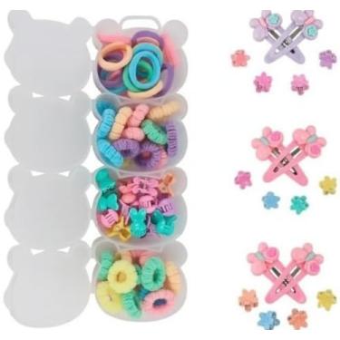 Imagem de Kit de Acessórios para Cabelo Infantil Presilhas Borboleta e Flor Elásticos Coloridos e Prendedores Estojo Ursinho Fofo Presente para Meninas