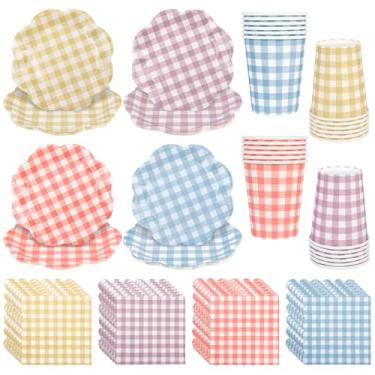 Imagem de Conjunto de 72 peças de pratos e guardanapos de papel de sobremesa guingão 22 cm colorido recortado prato de papel de piquenique descartável xadrez conjunto de jantar xadrez para piquenique casamento