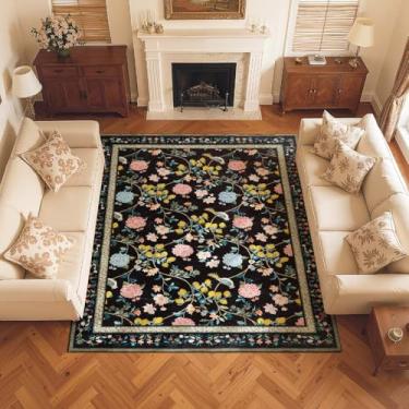 Imagem de jinchan Tapetes de área de 15 x 23 cm, lavável à máquina, tapete antiderrapante, estampa de flores botânicas, vintage, macio, para quarto, sala de estar, sala de jantar, preto
