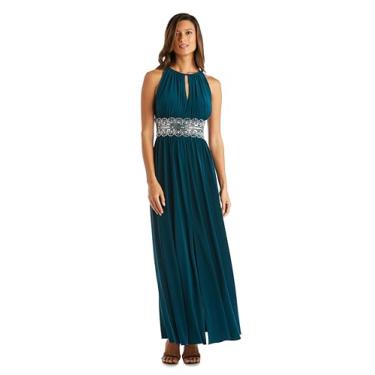 Imagem de R&M Richards Vestido longo feminino frente única com gola cavada - vestido de noite com cintura e fenda frontal - roupa de convidada para coquetel e casamento, Verde, 40