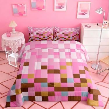 Imagem de Manfei Jogo de edredom de mineiros gamepad de jogos, tamanho king, coleção de cama ultramacia, grade geométrica, quadrada, rosa, para decoração de quarto de meninas, meninos, 3 peças, microfibra