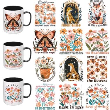 Imagem de Elewins Adesivos UV DTF - 12 folhas boho retrô flores UV DTF copo envoltório para canecas de vidro café, decalques DIY para copos, esfregar à prova d'água em transferências para artesanato