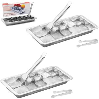 Imagem de Bandejas de cubos de gelo de aço inoxidável com pinças, alça de alavanca de liberação fácil, bandejas de cubo de gelo de metal duráveis para freezer, ideais para uísque, coquetéis e bebidas (pacote