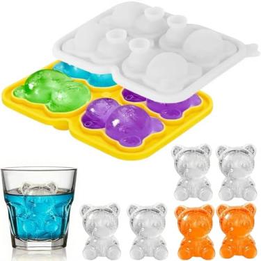 Imagem de Bandeja 3D de cubo de gelo de urso, molde divertido de silicone com tampa, moldes de sorvete reutilizáveis de fácil liberação para freezer, formas divertidas para coquetel, uísque, bourbon (amarelo)