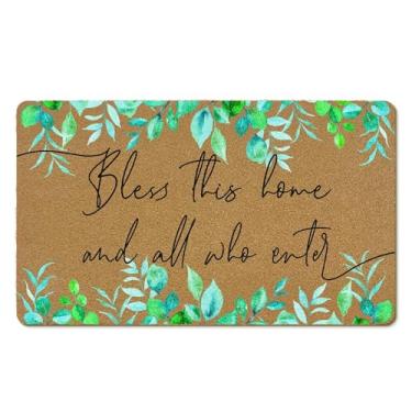 Imagem de EGBTL Tapetes de porta Christian Coir para ambientes externos, Bless This Home and All Who Enter Eucalyptus Front Door Mat Outside Entry, Bíblia versículo capacho entrada interna para decoração de