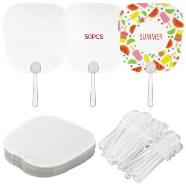 Imagem de 50 leques de folhas de palmeira de sublimação em branco, conjunto portátil de plástico transparente para projetos DIY, uso em igrejas e eventos, fácil de colocar e usar