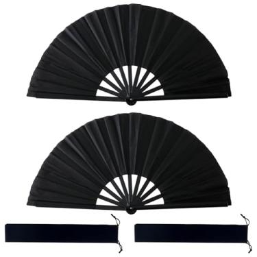 Imagem de Para Line Dancing Bulk 2 peças de fãs de clacking, fãs de dança dobráveis de tai chi preto 64 cm (64 cm), costela de plástico, bolsas para leques 2 incluídas, ideal para apresentações e grupos de