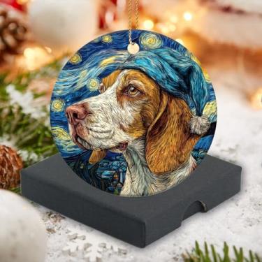 Imagem de Enfeite de Natal 2025, enfeites de cerâmica - noite estrelada estilo beagle usando chapéu de Natal, decorações para árvore, presente para família, amigos, colegas 7,6 cm