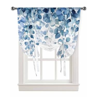 Imagem de WEEKA CLSNE Cortinas de amarrar com folhas de eucalipto azuis para cozinha e sala de estar, painel de bolso ajustável com isolamento térmico Spring Farmhouse para janela pequena, folha botânica 86 cm
