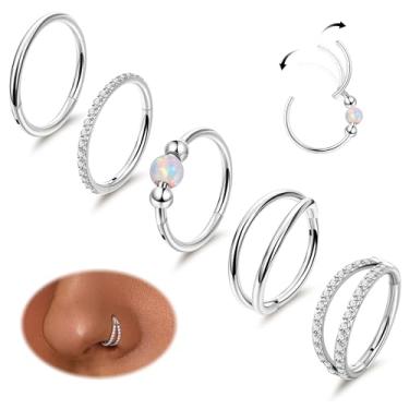 Imagem de LOREMOW 5 peças de argola de nariz clicker 18G para mulheres homens articuladas cartilagem dupla argola de nariz aço cirúrgico tragus hélice torre opala CZ septo piercing brincos piercing de nariz 8