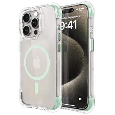 Imagem de OTOFLY Capa compatível com iPhone 15 Pro, compatível com Magsafe, capa magnética à prova de choque, não amarela, traseira transparente antiarranhões, verde menta