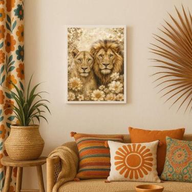 Imagem de Quadro Artístico Leão E Leoa Com Flores 45X34Cm - Quadros On-Line