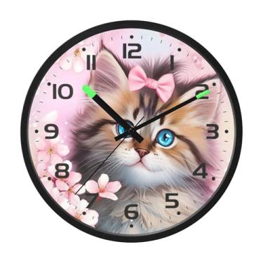 Imagem de SEHANY Relógio de parede de gato fofo, silencioso, sem tique-taque, operado por bateria, controle de som, luz noturna, relógios de parede para sala de estar, cozinha, quarto, escritório, decoração de