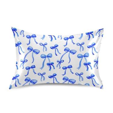 Imagem de SEHANY Capas de almofada de seda Blue Bow para cabelo e pele, capas de almofada de cetim respiráveis macias e refrescantes com fecho de envelope, tamanho king (50 x 76 cm)