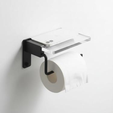 Imagem de Suporte de rolo de papel higiênico preto fosco com prateleira, suporte de lenços de parede para banheiro, acrílico moderno e alumínio