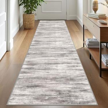 Imagem de KOZYFLY Tapete moderno abstrato lavável corredor 6 x 25 cm tapete de corredor antiderrapante macio tapete de corredor de cozinha, tapete listrado cinza-bege para entrada, banheiro, lavanderia, hall de