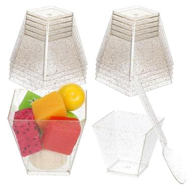Imagem de Pacote com 50 mini copos de sobremesa com colheres, pequenos copos de sobremesa transparentes reutilizáveis, copo de parfait de plástico quadrado de 59 ml para sobremesas, aperitivos, pudim, mousses