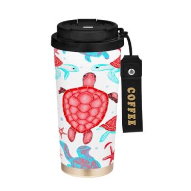 Imagem de STAYTOP Caneca de café de viagem com isolamento térmico de tartarugas vermelhas e azuis 500 ml, copo de café de aço inoxidável reutilizável com tampa flip à prova de vazamento para escritório, escola