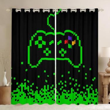 Imagem de Cortina de janela de videogame, cortina de tratamento de janela de jogos Miner Pixel, para crianças, adolescentes, mulheres, neon, blocos verdes, blocos de construção, quarto, moderna, preta