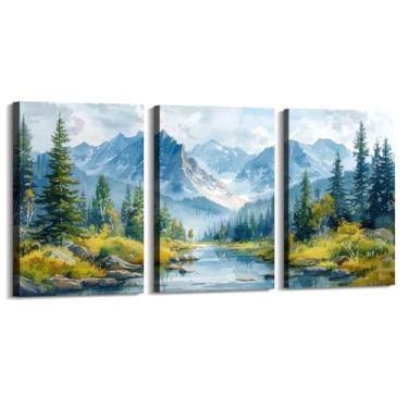 Imagem de Impressão em tela de montanha em aquarela com cenário do Colorado - pôster de floresta do lago arte de parede de paisagem moderna para sala de estar quarto decoração de escritório (SKU1-3PCS, 20,3 x
