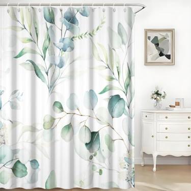 Imagem de TTQYFNM Cortinas de chuveiro verde-sálvia folha de eucalipto aquarela plantas verdes folhas floral arte botânica cortina de chuveiro para decoração de banheira tecido impermeável conjunto de cortinas