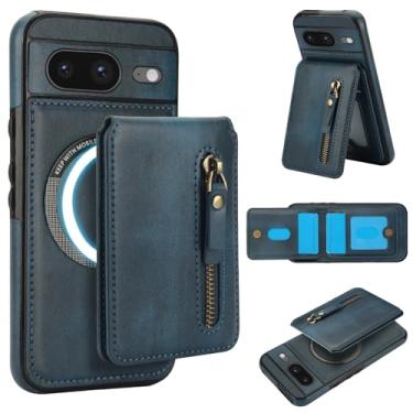 Imagem de Carteira removível compatível com carregamento sem fio Magsafe para Google Pixel 8 com suporte para cartão, bolso com zíper, suporte 2 em 1 capa à prova de choque (azul)