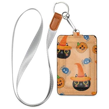 Imagem de Burbuja Porta-crachá de couro com cordão, gatos pretos usando chapéus de bruxa laranja com 1 janela transparente para identidade e 2 compartimentos para cartão para escritório, enfermeira, professor