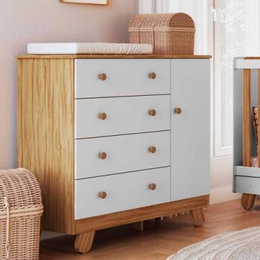 Imagem de Cômoda Infantil 4 Gavetas 1 Porta em MDF Pingo Móveis Peroba, Amendoa/