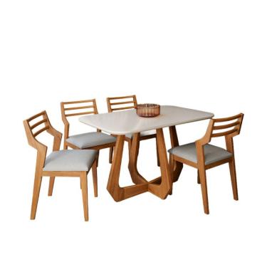 Imagem de Conjunto de Mesa Retangular com Tampo de Vidro Off White Bromélia e 4 Cadeiras Damasco Linho Cinza e Madeira 130 cm