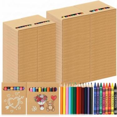 Imagem de Weekgrat 100 conjuntos de suprimentos para colorir, lápis de cor em caixa de papel kraft, mini lápis de cera pequenos, portátil, suprimentos de cor gorda para presentes