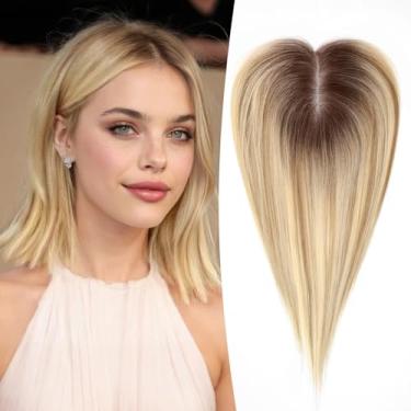 Imagem de EMMOR Topper de cabelo humano de 35,5 cm para mulheres com base amarrada à mão de 10 × 12 cm, cobertura de cabelo 100% real para queda de cabelo com 4 clipes antiderrapantes, apliques de cabelo de