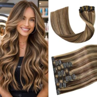 Imagem de Aison Extensões de cabelo Ombre Clip in Balayage Destaque marrom chocolate a loiro caramelo, 30 cm 70 g extensões de cabelo humano real trama dupla 7 peças para mulheres #4p27