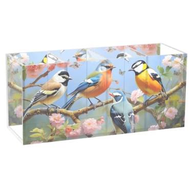 Imagem de TSENQUE Porta-lápis de cena de pássaros florais para mesa, desenho animado, escritório, porta-lápis de acrílico, organizador de canetas