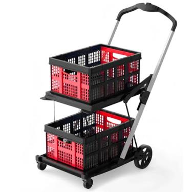 Imagem de Carrinho de compras dobrável com rodas, carrinho de compras dobrável multiuso de 2 níveis com 2 caixas de armazenamento, carrinho utilitário dobrável para escritório, mantimentos, armazém