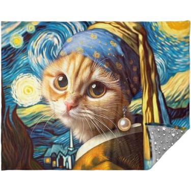 Imagem de Cobertor grande de gato engraçado com brinco de pérola para sofá 177.8 cm x 139.7 cm cobertor de sofá xadrez para homens mulheres verde personalizado cobertores macios