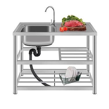 Imagem de Pia de cozinha comercial de 1 compartimento, pia independente de aço inoxidável, pias utilitárias de aço inoxidável, com kit de drenagem e prateleiras de armazenamento (100 cm, pacote B)