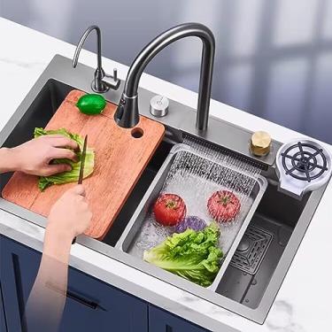 Imagem de Pia de cozinha de aço inoxidável 304, pia de cachoeira, tigela única, pia de cozinha com torneira extraível, adicione lavador de vidro para pia pressurizada (75 cm/29,5 pol, pacote A)